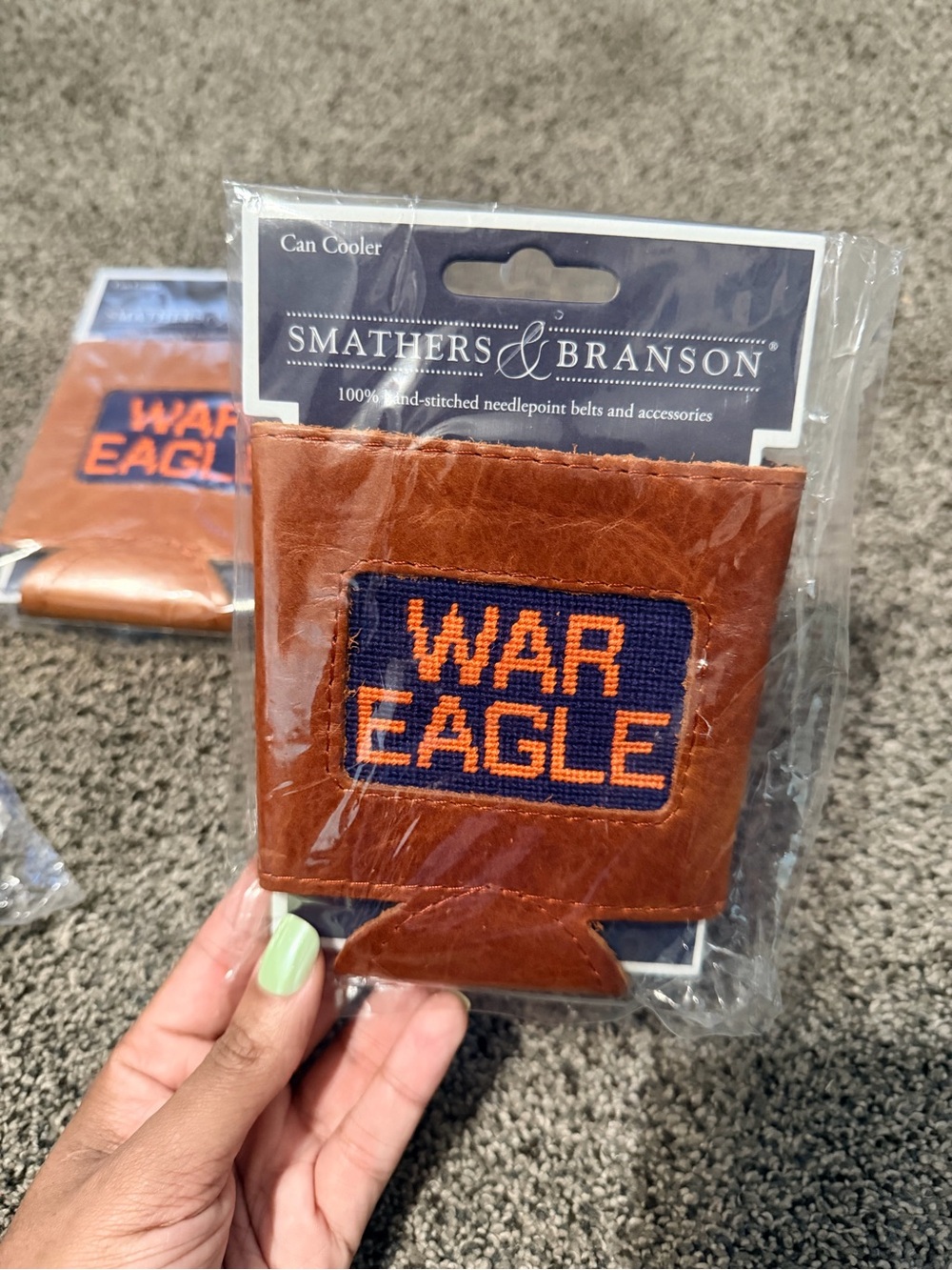 Smathers & Branson Brown Leather 'War Eagle' Needlepoint Can Cooler